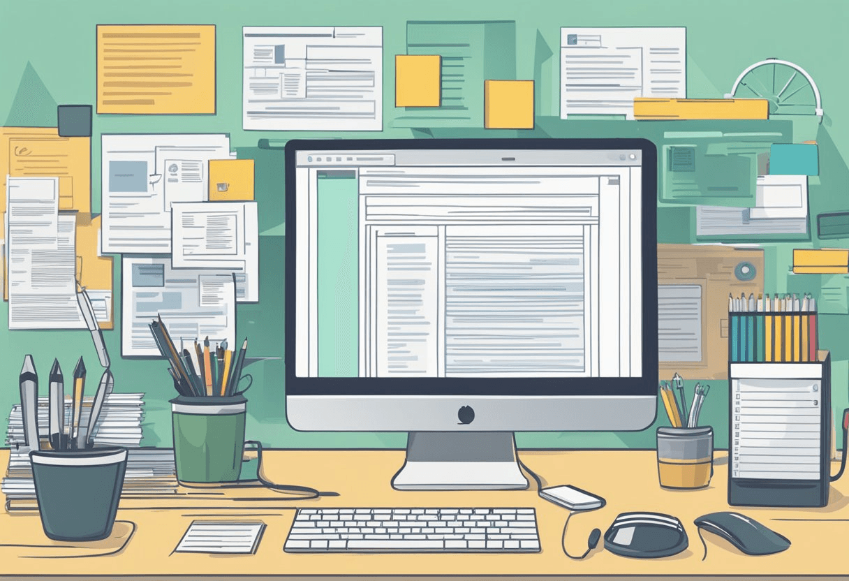 A computer screen with an email draft open, showing a well-crafted introduction email for a new employee. The screen is surrounded by a cluttered desk with office supplies