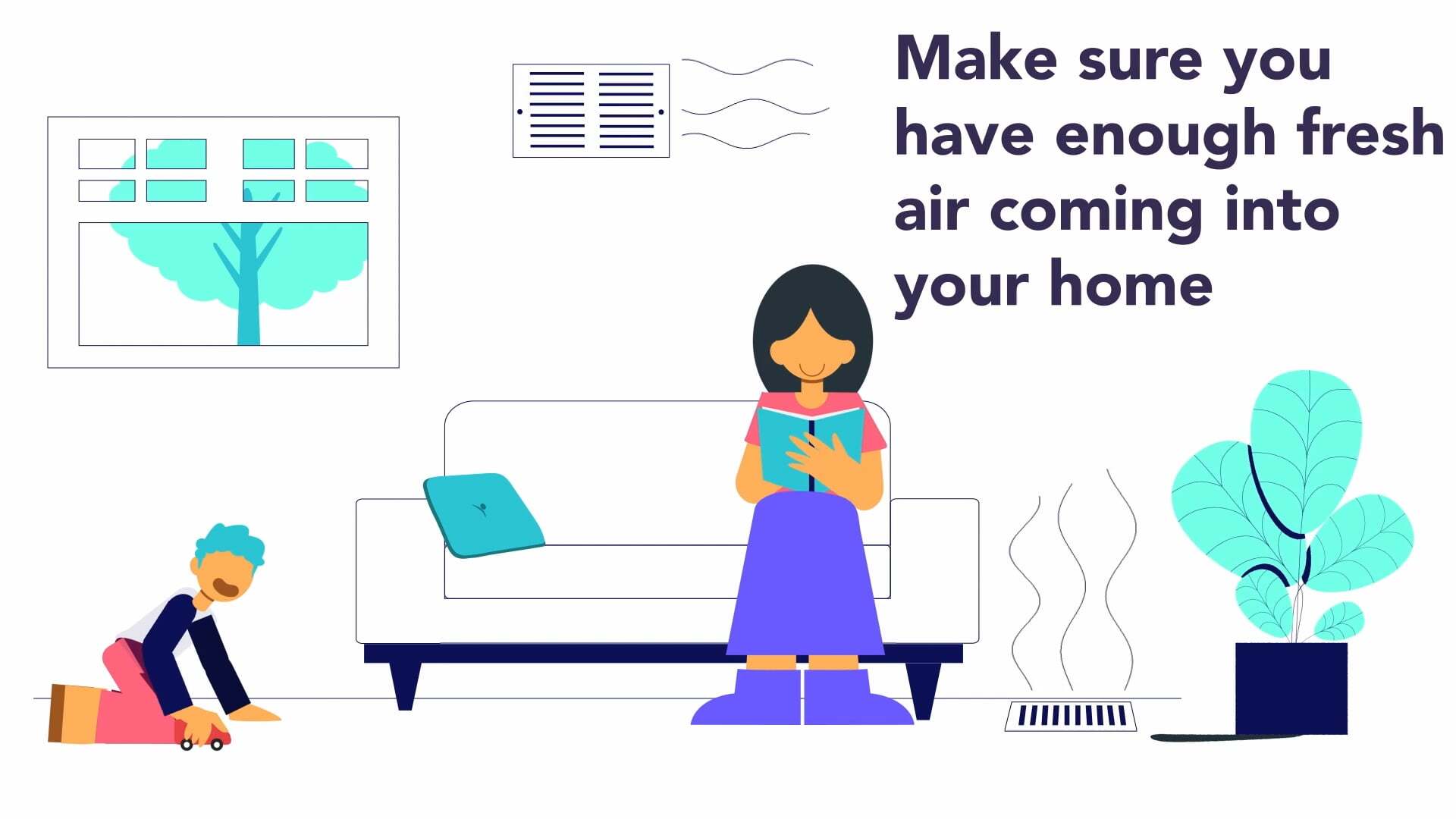 An animated scene of a child playing with toys and a woman sitting on a couch, with text promoting fresh air in the home