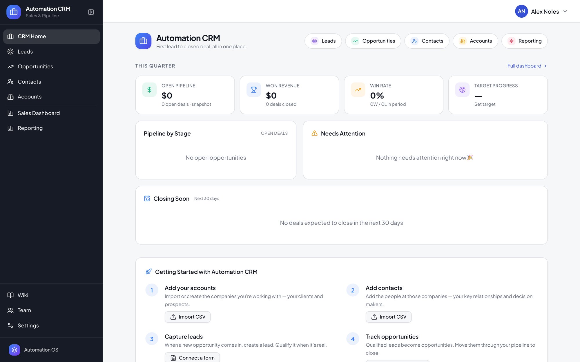 Automation CRM home screen with pipeline, revenue and win rate at a glance