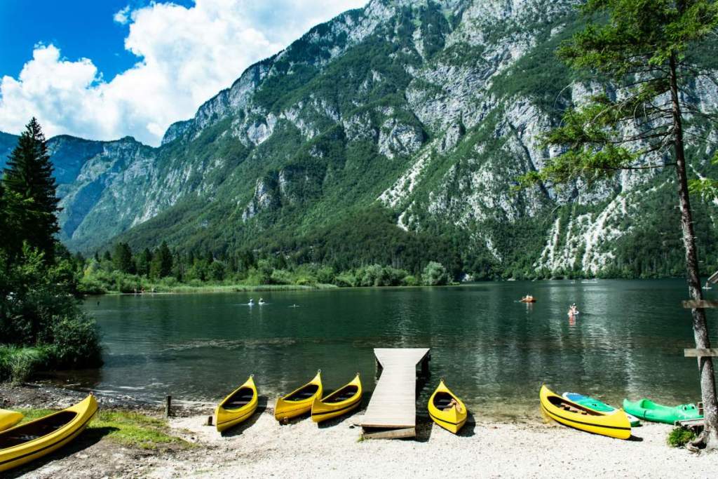 kayaks on the edge of lake bohinj
