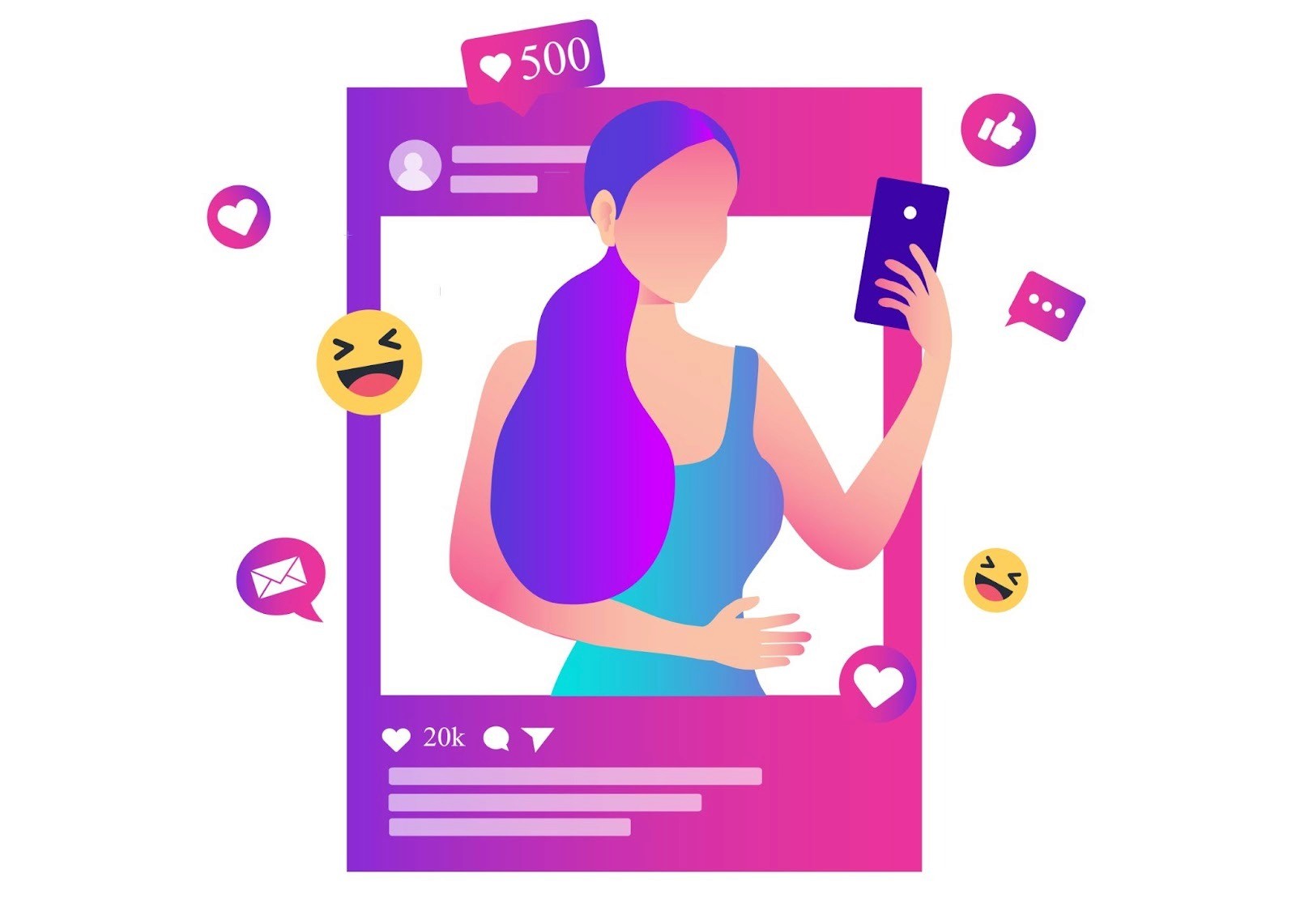 Illustration of a female influencer taking a selfie inside a social media post frame with likes and engagement icons