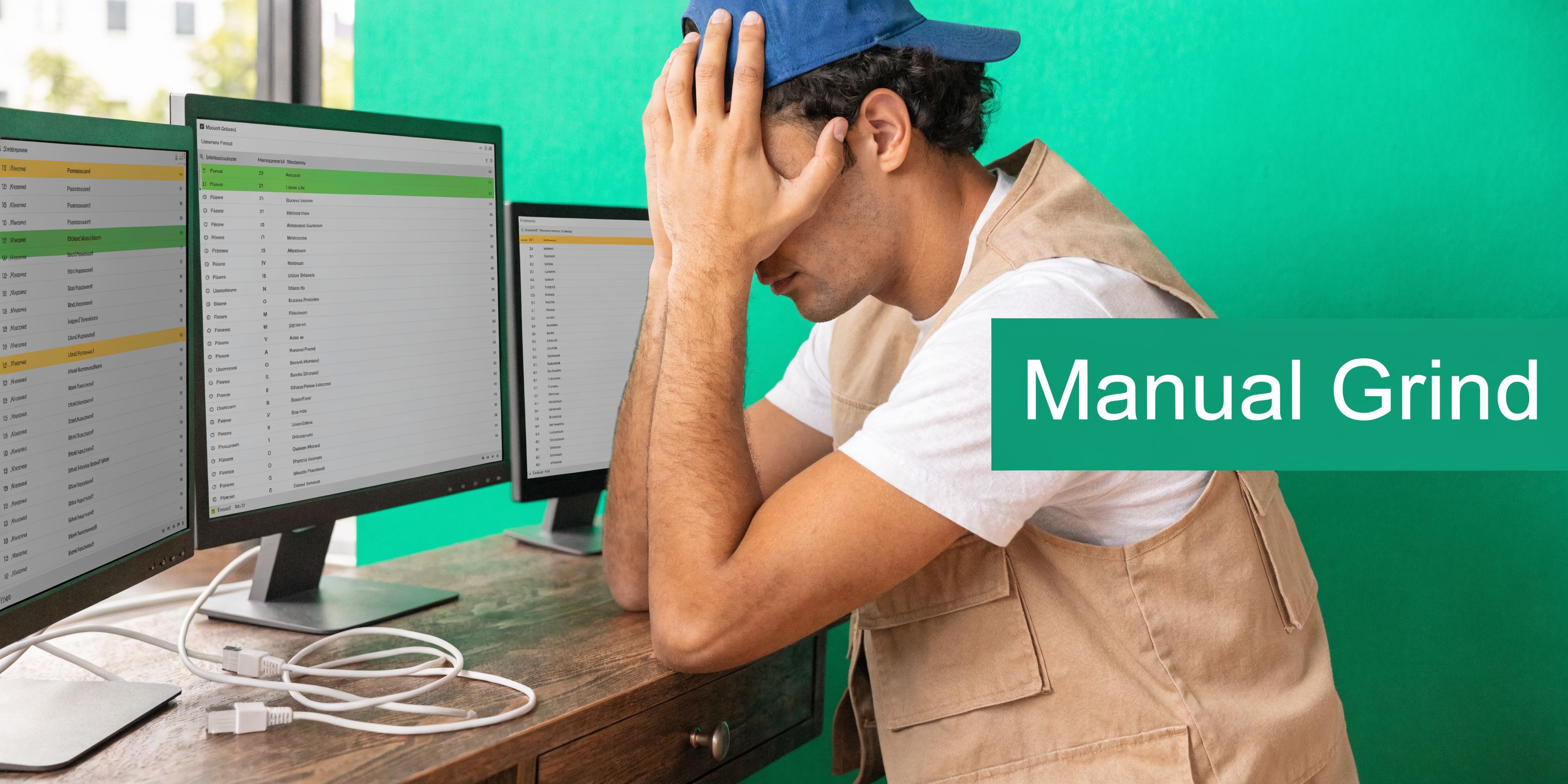 A person sitting at a desk with computer screens, looking stressed while working with software tools.