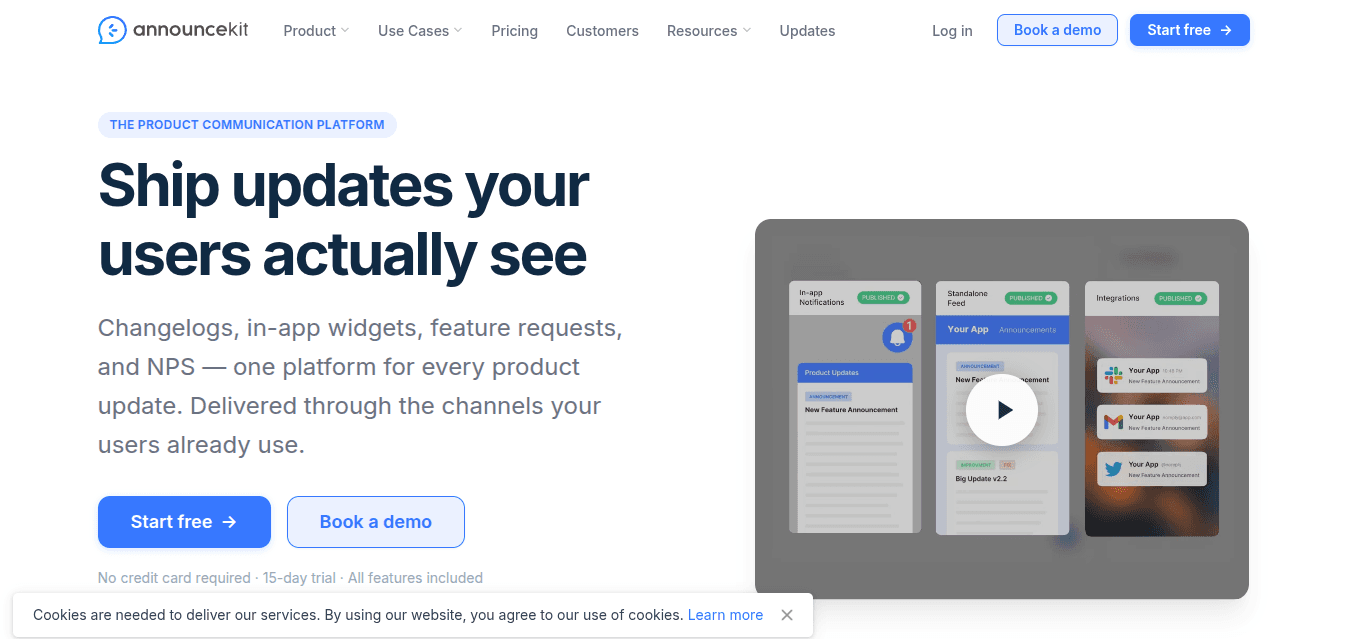  AnnounceKit homepage showing its product update and changelog communication platform