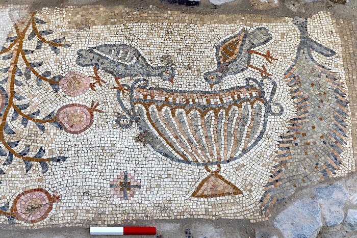 Birds drink from a chalice depicted on the mosaic. Photo courtesy of Michael Eisenberg.