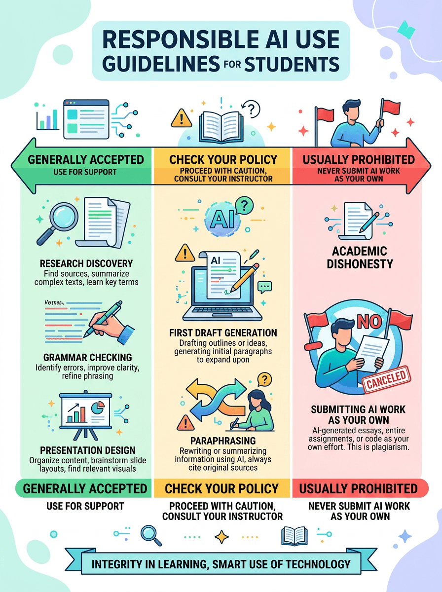 Infographic showing the spectrum of responsible AI use for students from generally accepted to usually prohibited