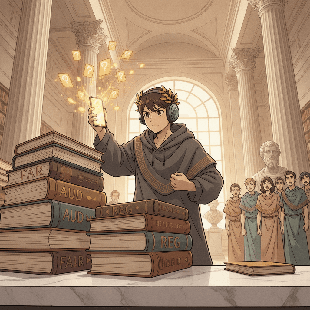 Student facing a mountain of CPA review textbooks with golden quiz sparks from smartphone