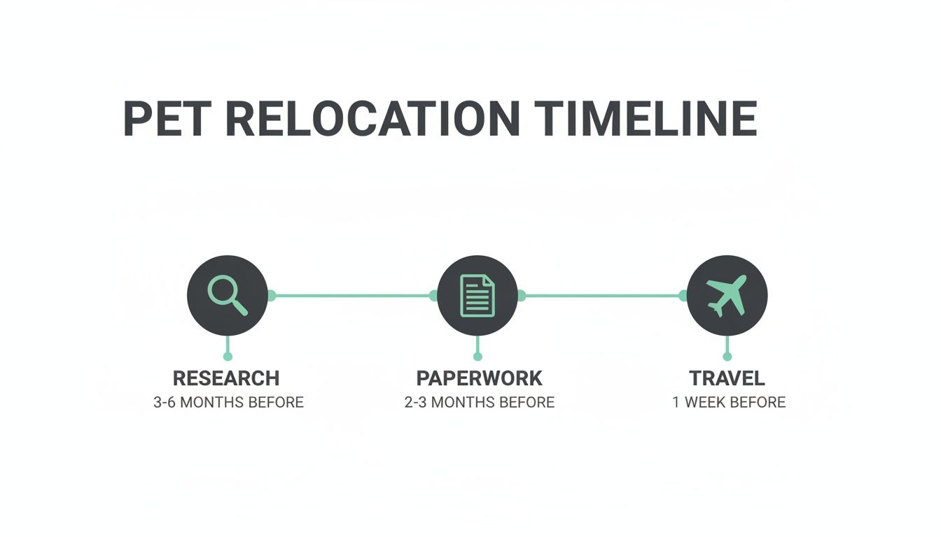 A pet relocation timeline, showing steps for research, paperwork, and travel with associated timeframes.