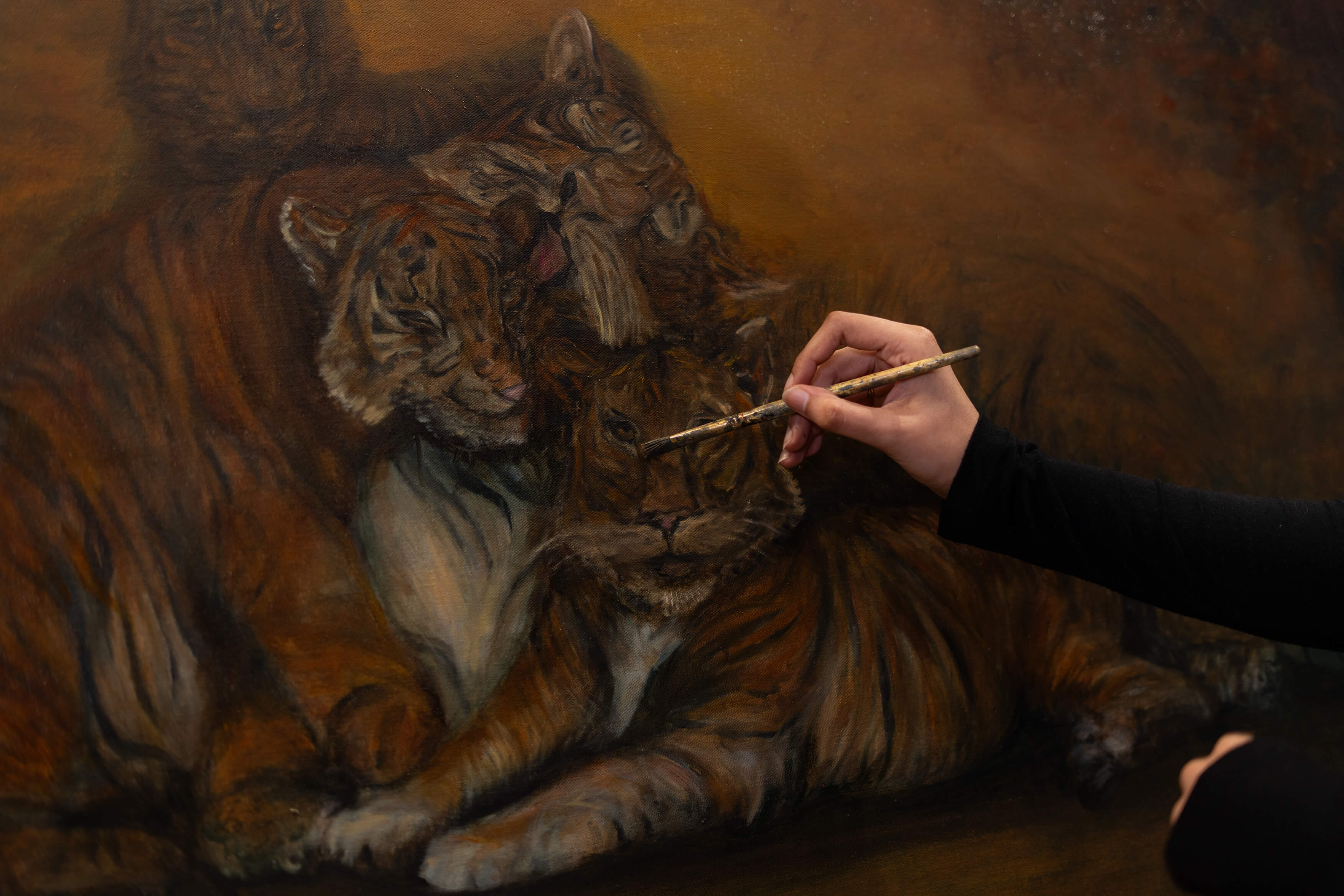 Hand holding a paintbrush while painting a close-up of tigers on a canvas.