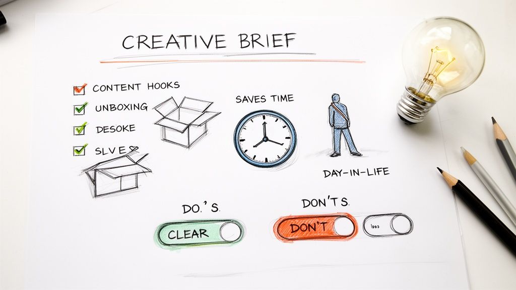 A creative brief document outlining content ideas like unboxing, content hooks, and day-in-life concepts.