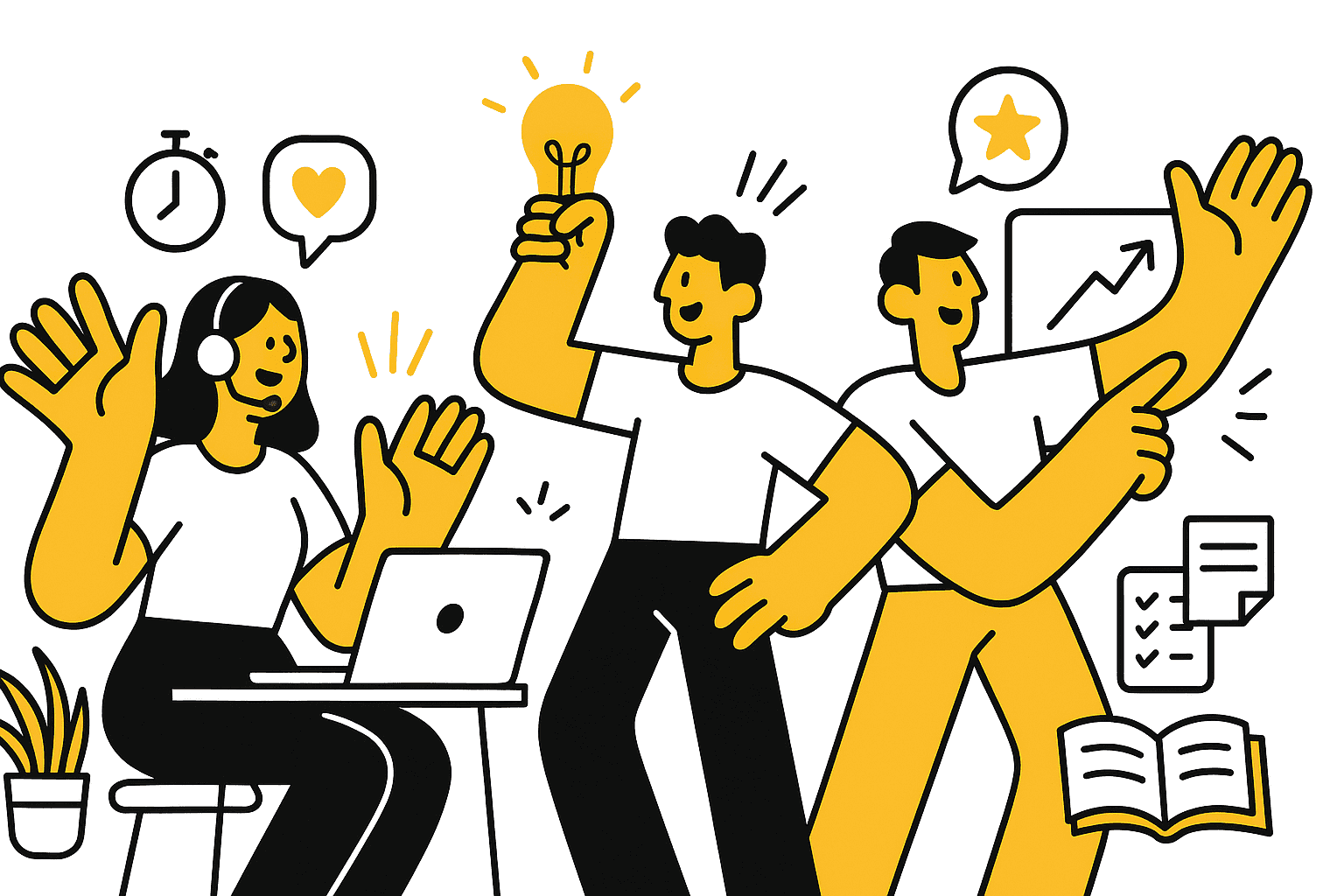 Minimalist Smart Role-style illustration of diverse customer service agents engaged in training, featuring a headset, lightbulb, and performance chart.