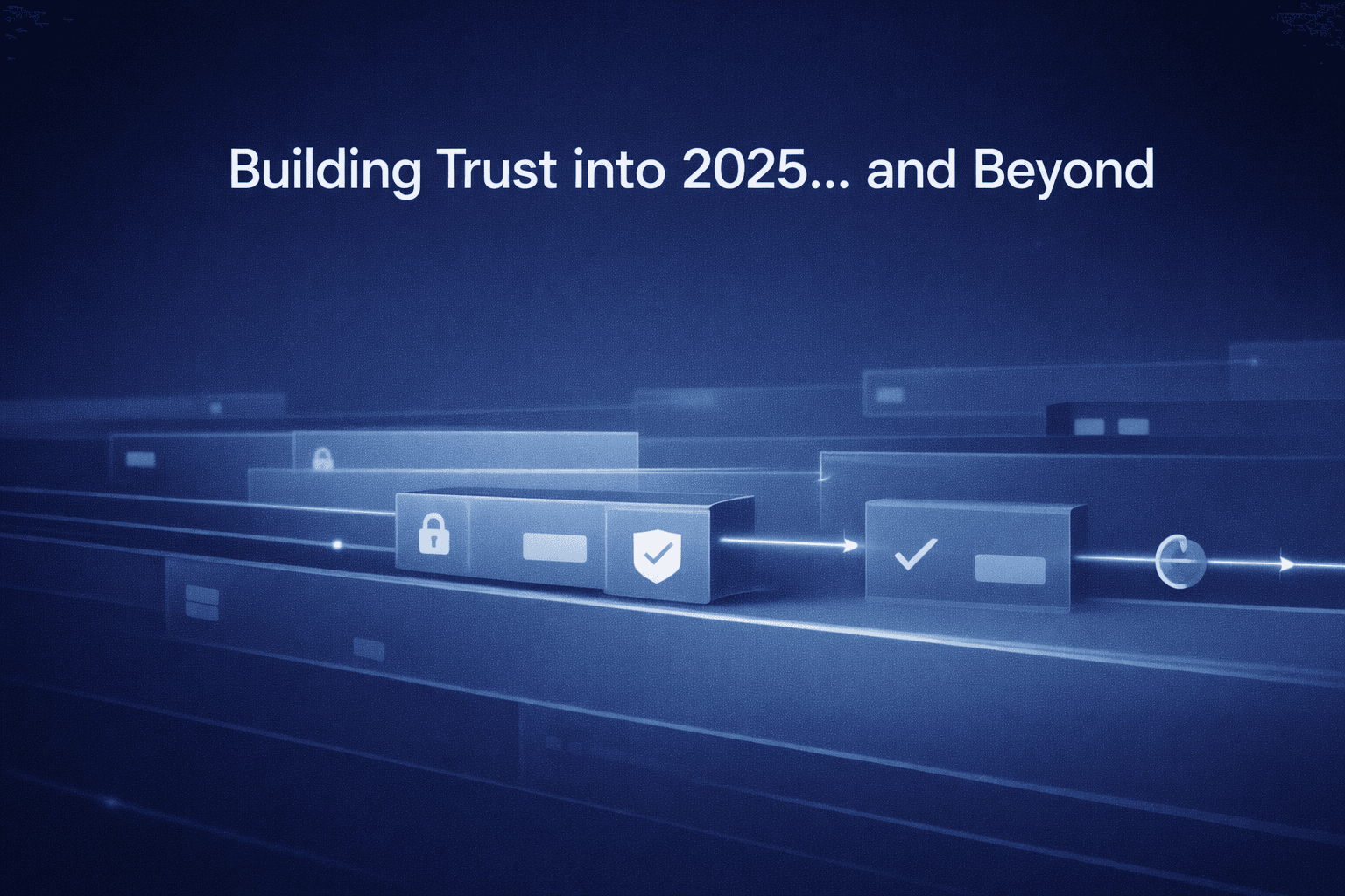 Abstract fintech infrastructure illustration showing layered payment rails with locked, verified, and released transaction states, representing built-in trust for B2B payment systems.