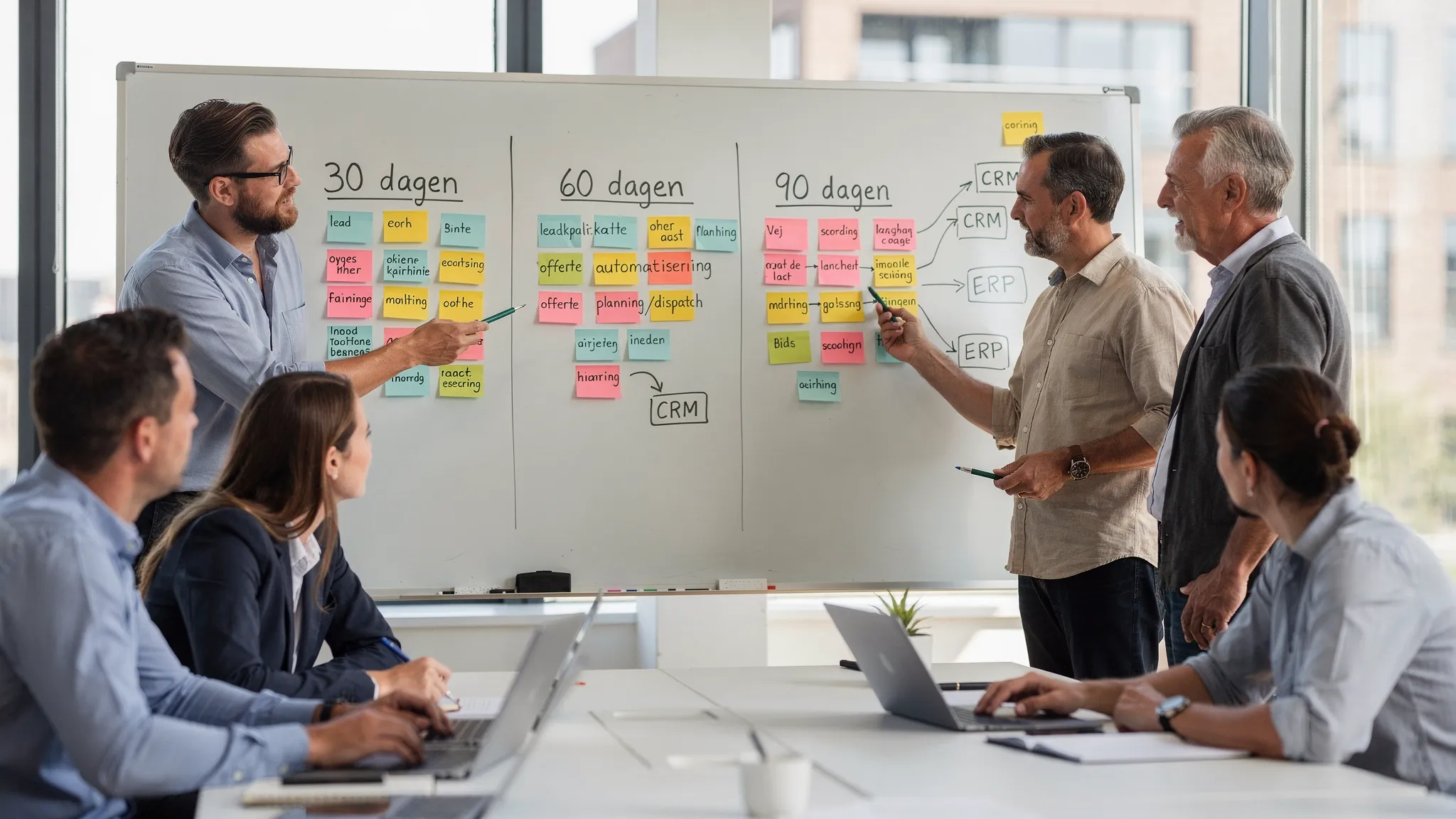 An SME team in a workshop session around a whiteboard with post-its. On the board are three columns: 30 days, 60 days, 90 days. In each column are 1 to 2 AI use cases (for example lead qualification, quote automation, planning/dispatch), connected to existing systems such as CRM and ERP.