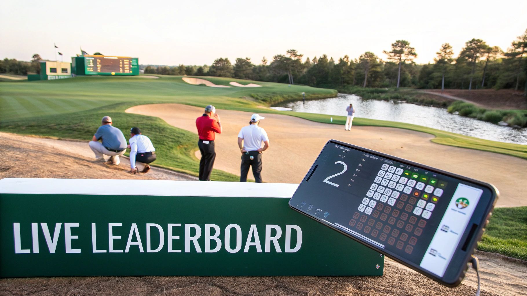 A smartphone displaying golf scores rests on a 'LIVE LEADERBOARD' sign at a golf course with players.