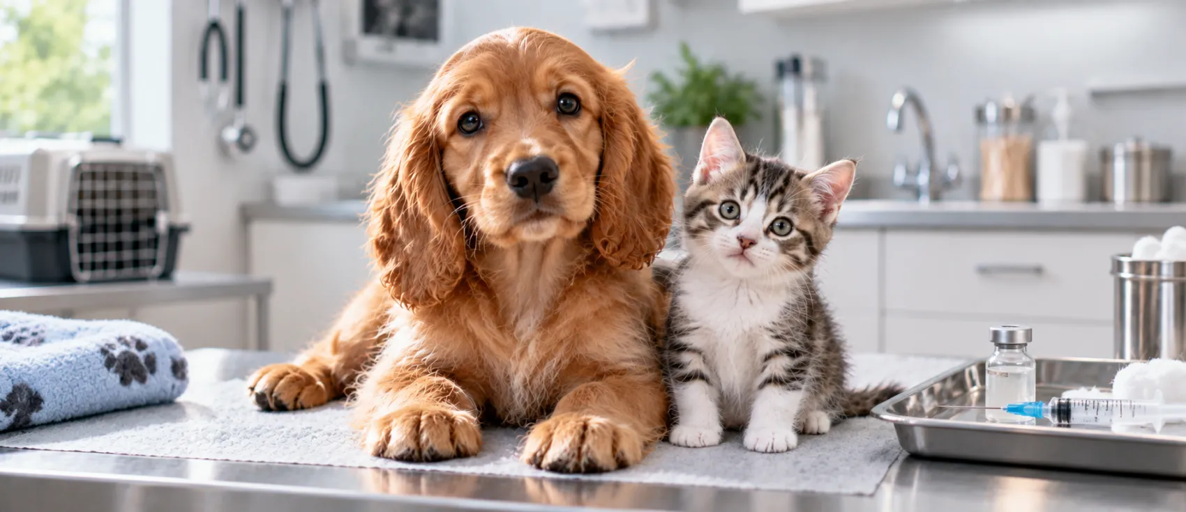 A Cocker Spaniel puppy and a kitten sit together beside vaccination supplies.