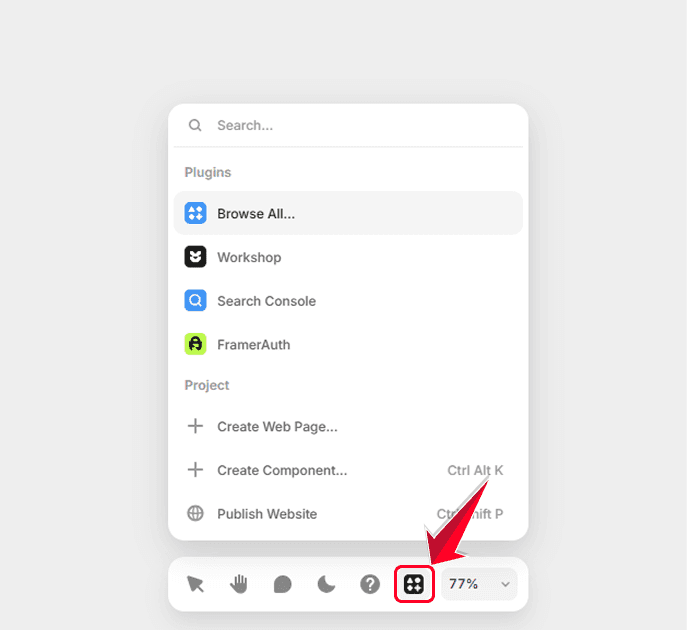 Accès au menu des plugins Framer depuis l’interface de création