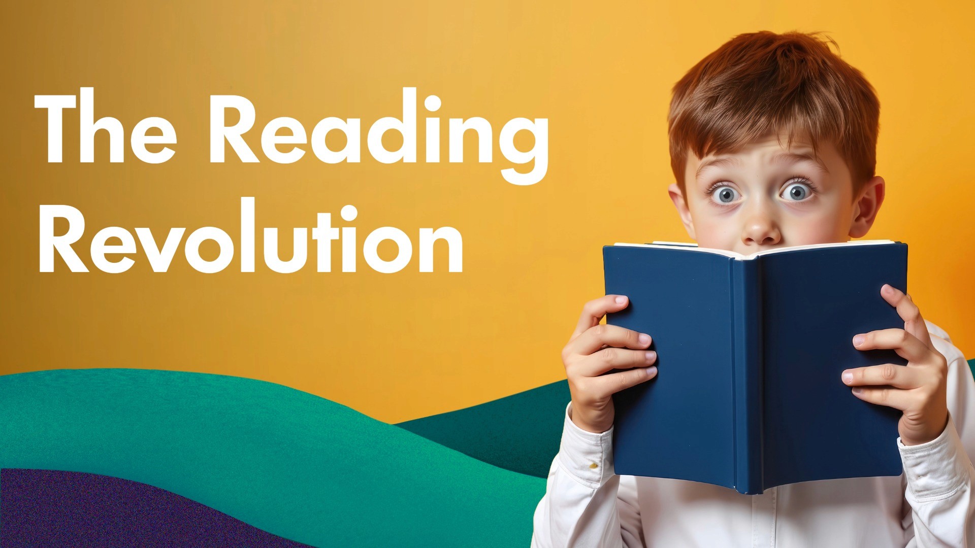 Image of an elementary student holding a book with the caption "The Reading Revolution" next to him for the Simple Civics Greenville County Podcast