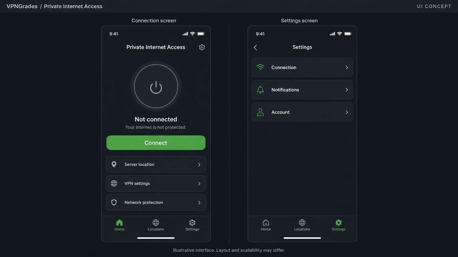 Private Internet Access: two illustrative mobile app screens (illustration).