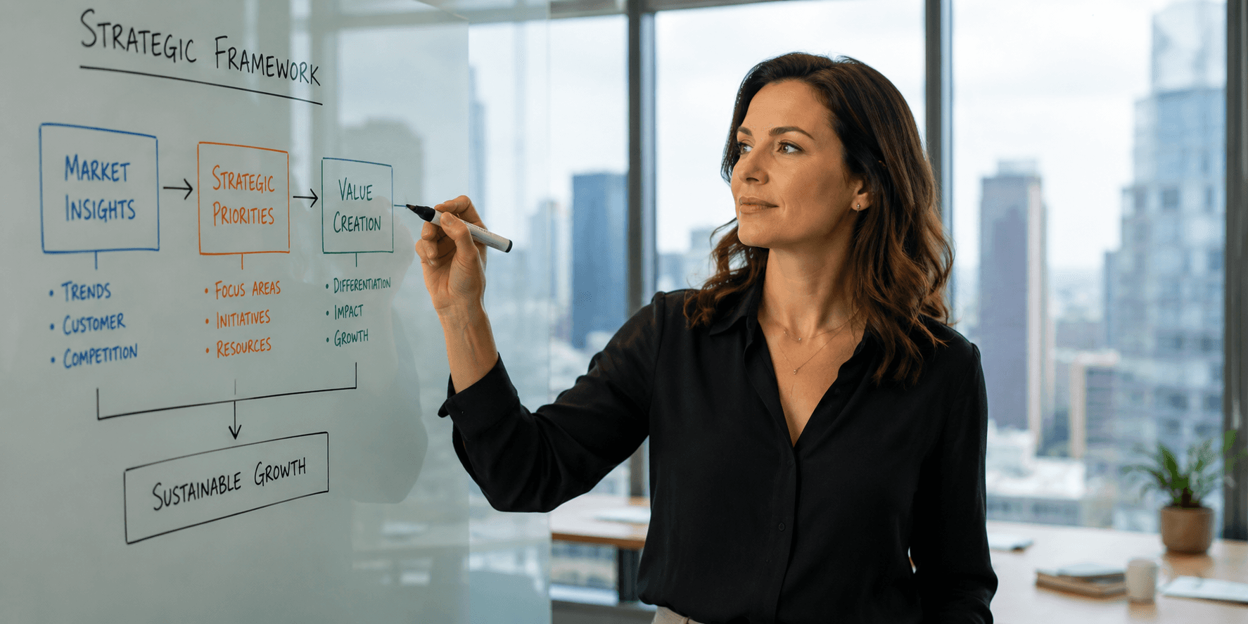 Professional presenting a strategy framework