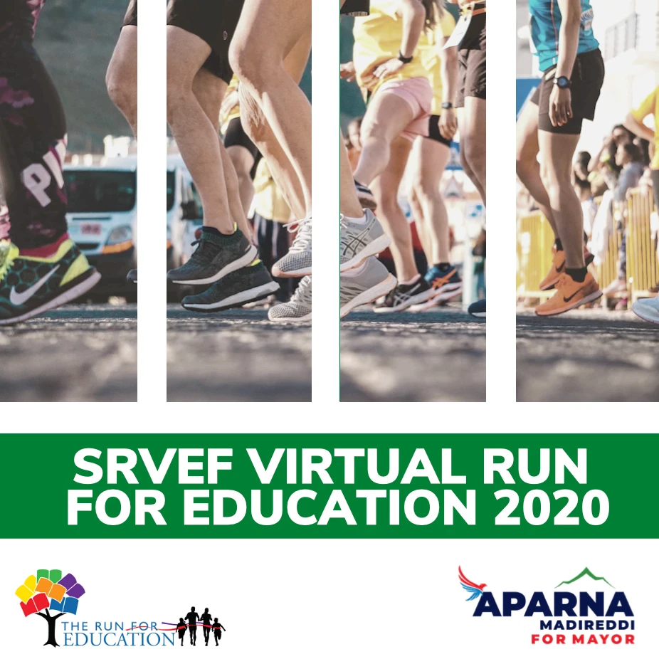 A picture of people running with the words SRVEF Virtual Run For Education 2020