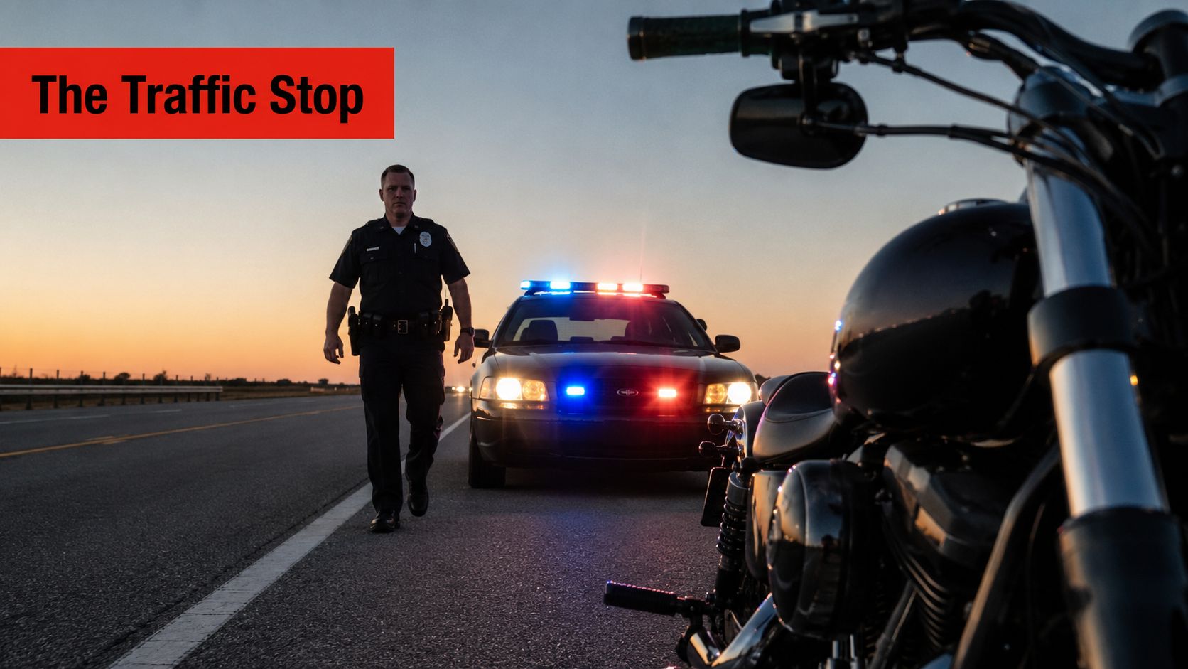 A police officer walking toward a parked motorcycle during a traffic stop on a highway at sunset.