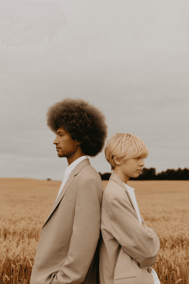 Two men in beige suits standing back-to-back in a wheat field.