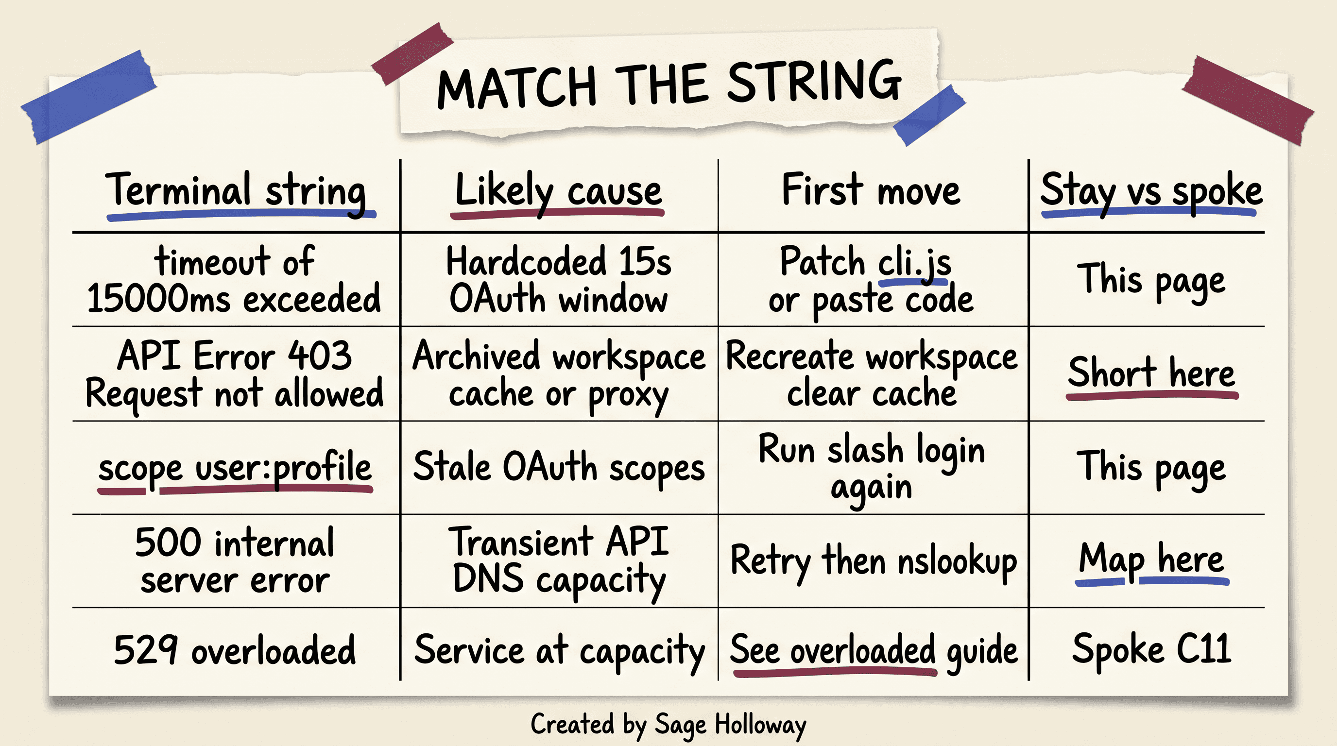 Table mapping Claude Code OAuth error strings including timeout of 15000ms exceeded, 403, 500, and 529