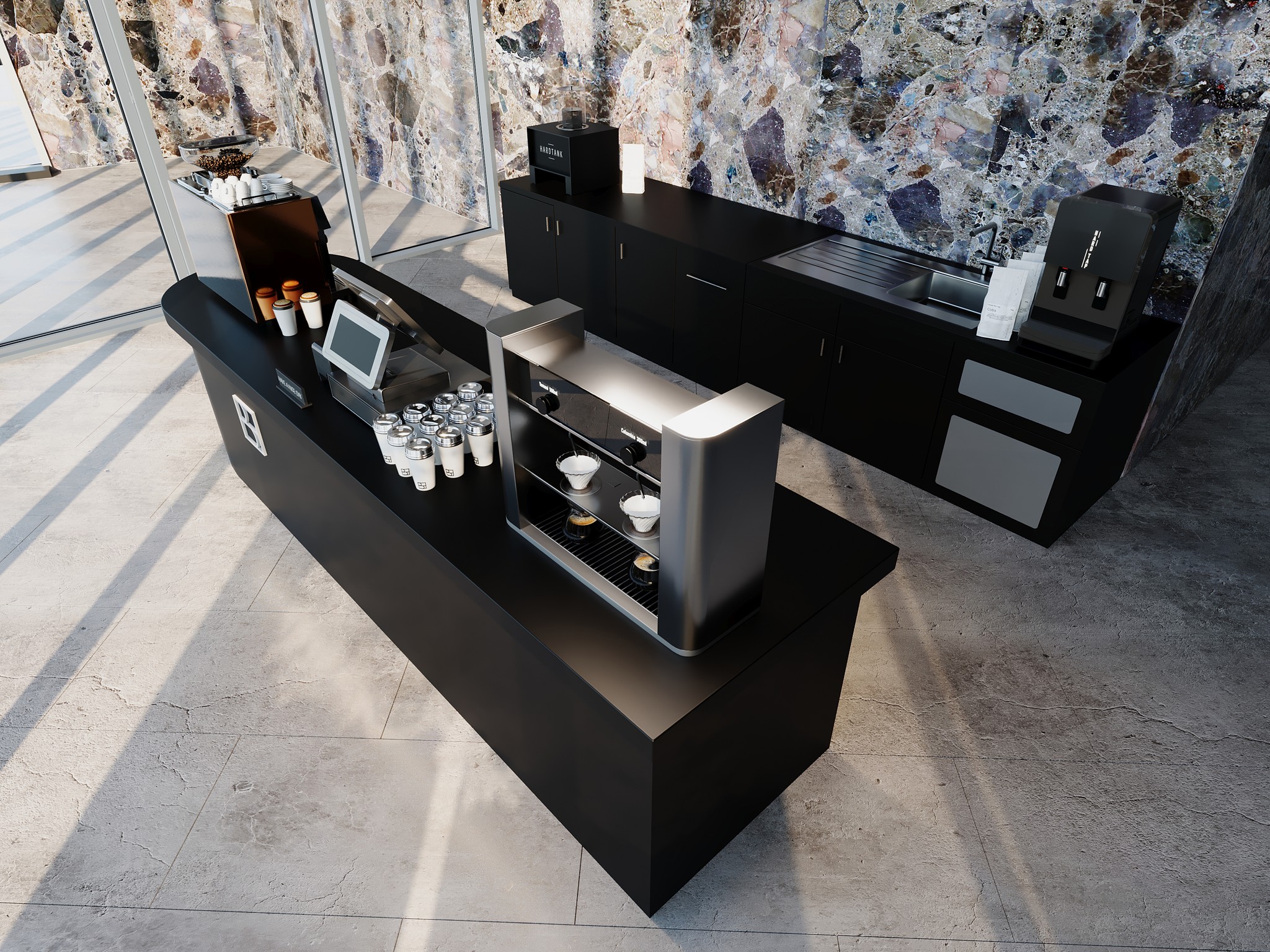 Eine elegante, moderne CoffeeHub-Station mit einer hochmodernen Espressomaschine und einer Auswahl an Kaffeetassen, vor einer stilvollen Steinwand platziert, ideal für Kaffeepausen in Büros