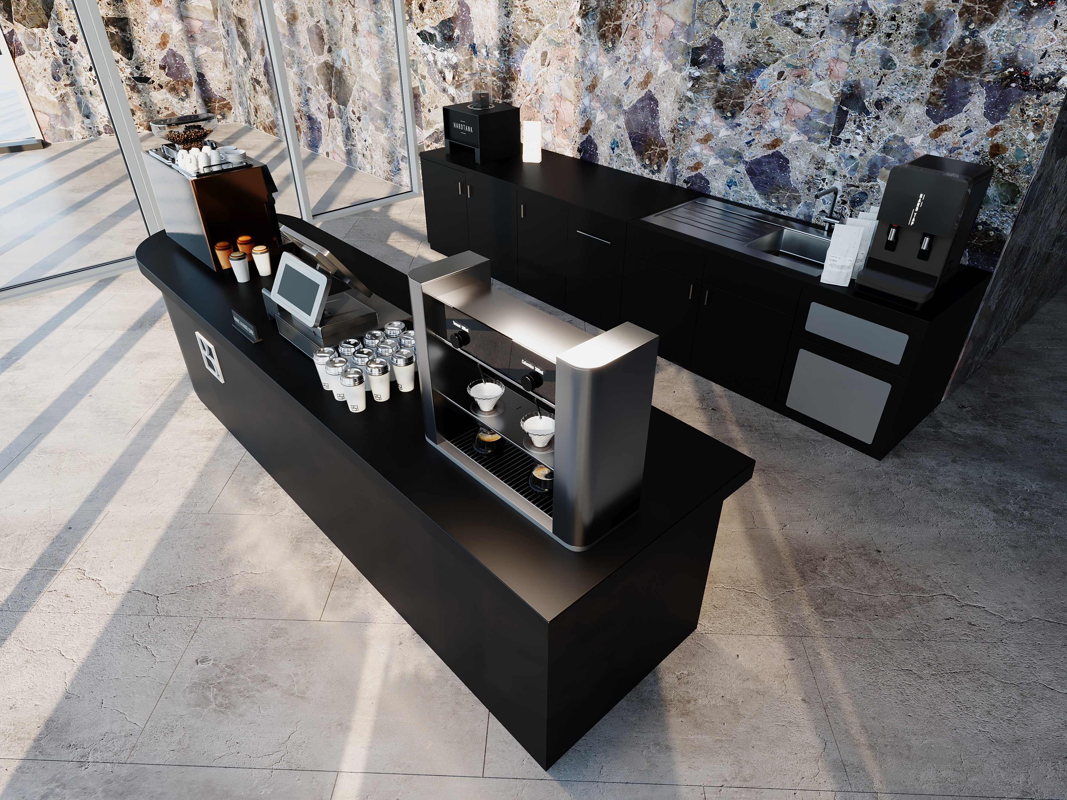 Eine elegante, moderne CoffeeHub-Station mit einer hochmodernen Espressomaschine und einer Auswahl an Kaffeetassen, vor einer stilvollen Steinwand platziert, ideal für Kaffeepausen in Büros