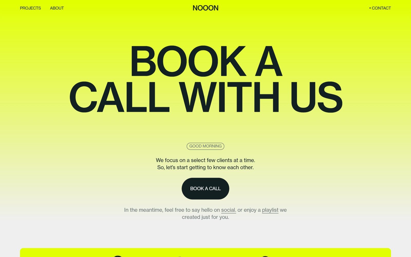 Bold black text "BOOK A CALL WITH US" on a bright yellow gradient background, with a "BOOK A CALL" button below.