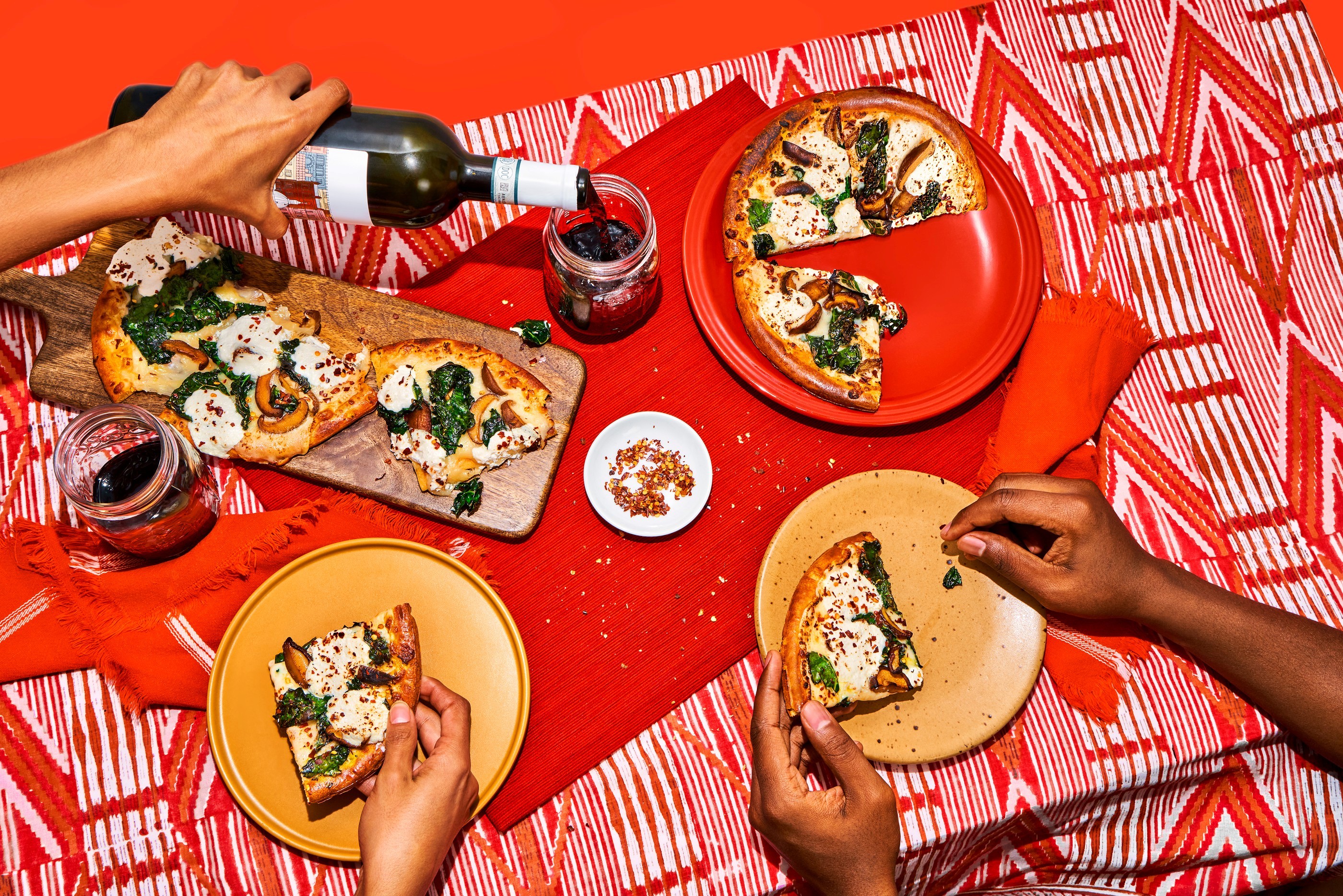 Pizza and wine overhead