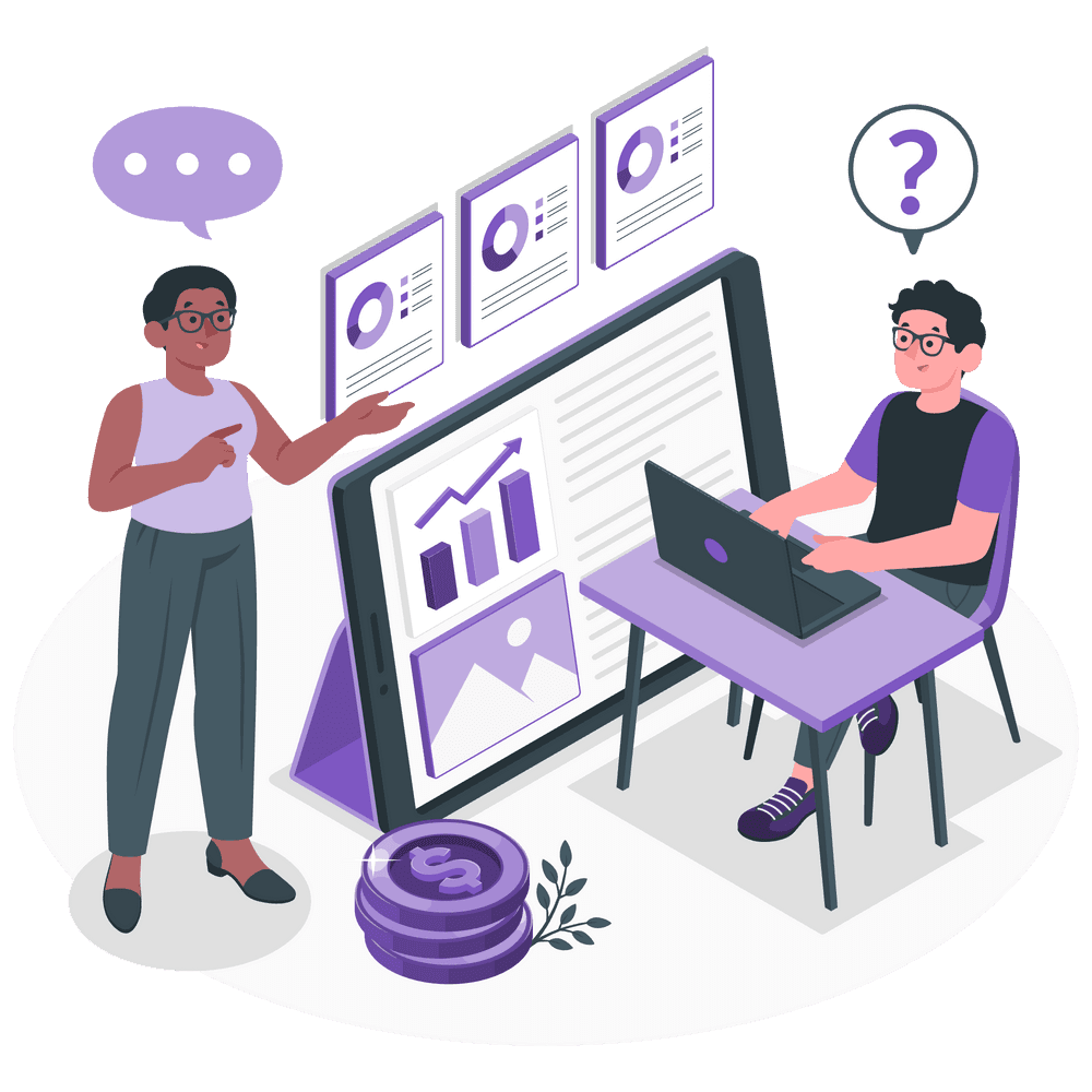 Two people deeply involved in a conversation as they analyze charts and graphical data.