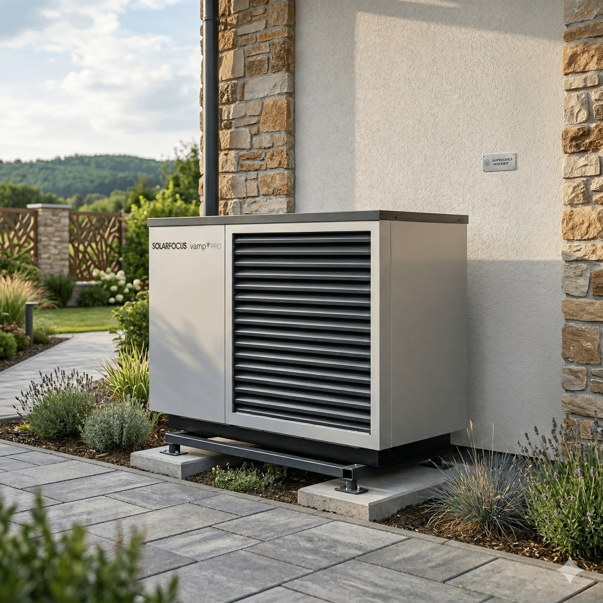 Pompa di calore installata all'esterno di una casa per riscaldamento e climatizzazione domestica