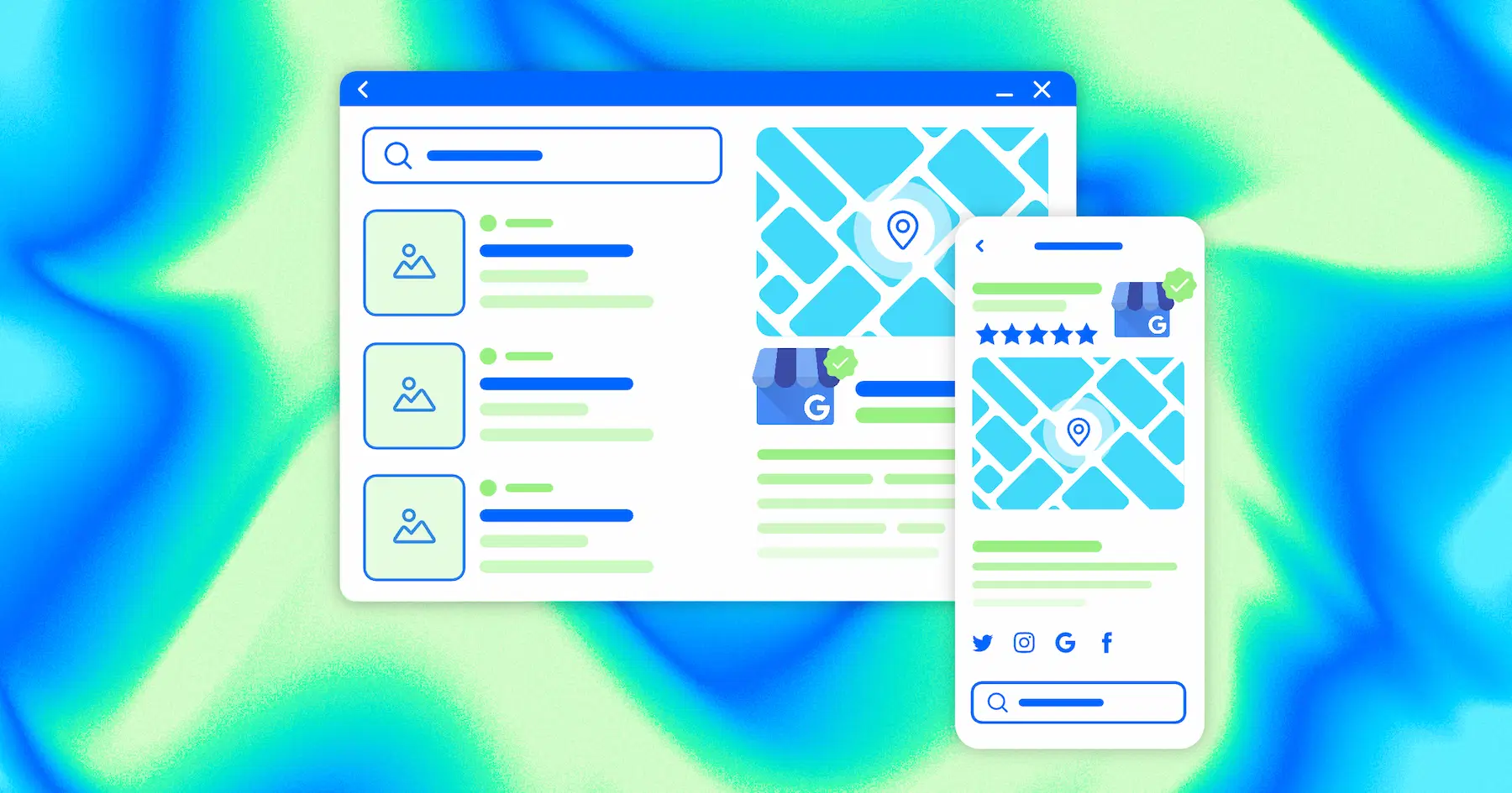 Graphic depicting a website and mobile layout, highlighting a verified business in Google search results.