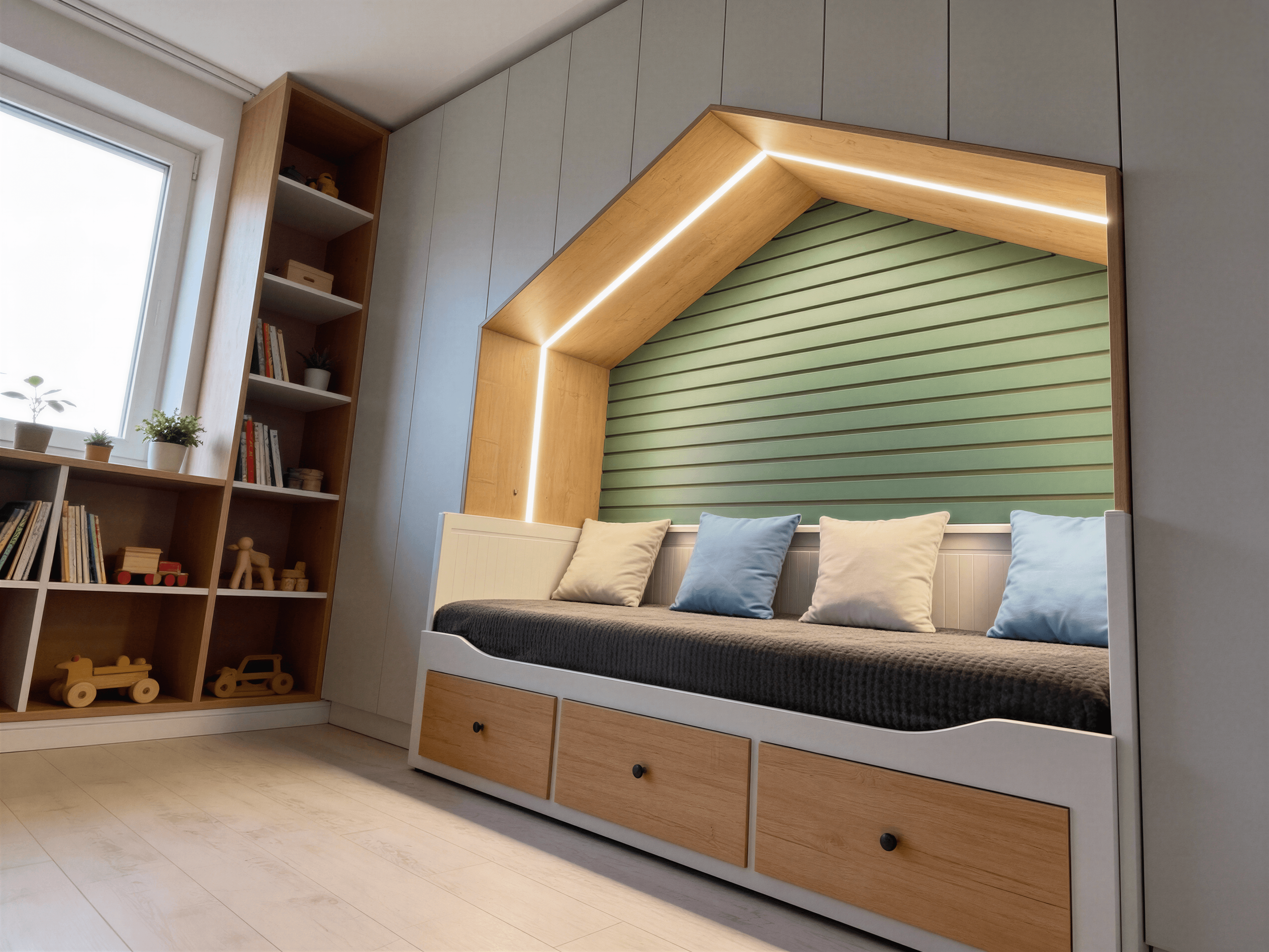 Zonă de citit integrată în dulapuri, nișă tip „căsuță” cu lemn și panou verde, sertare la bază.