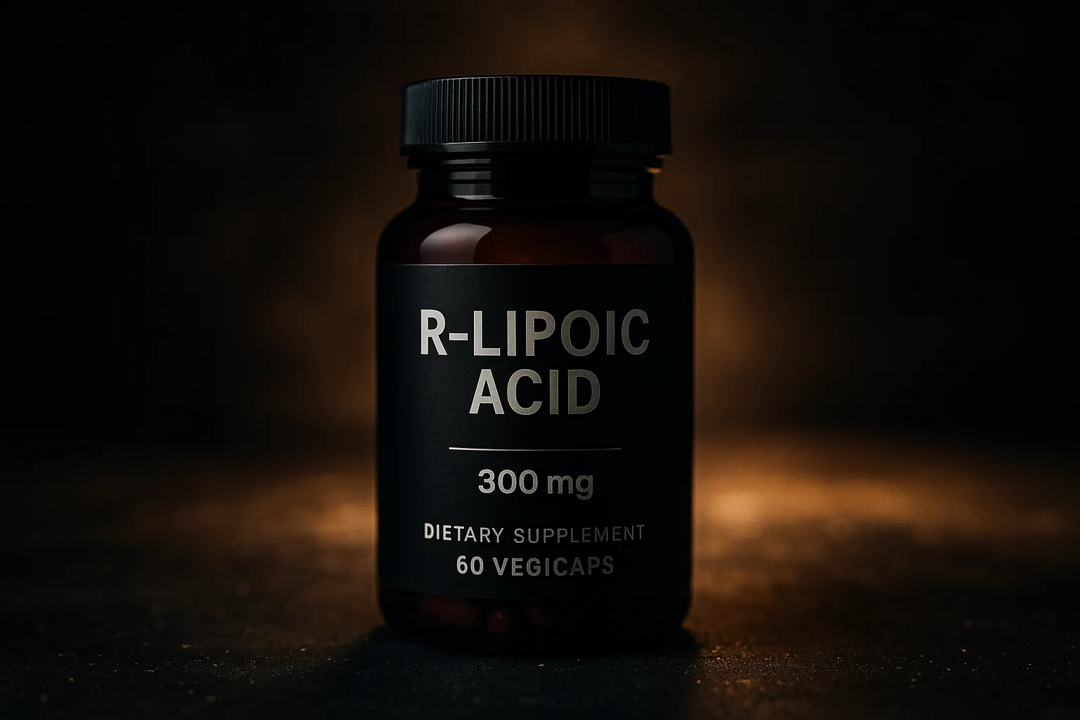 Cinematic bottle of R-Lipoic Acid supplement on a dark, dramatic background