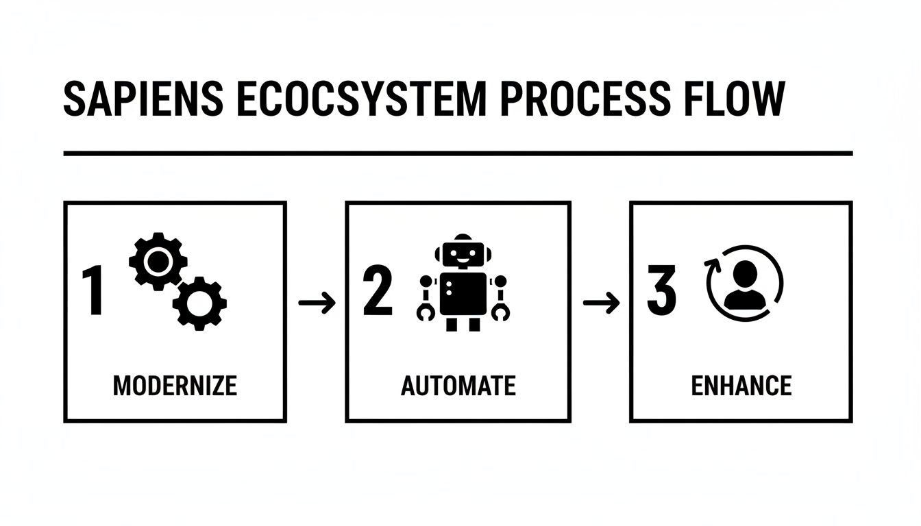 A three-step process flow: Modernize, Automate, and Enhance, for the Sapiens Ecosystem.