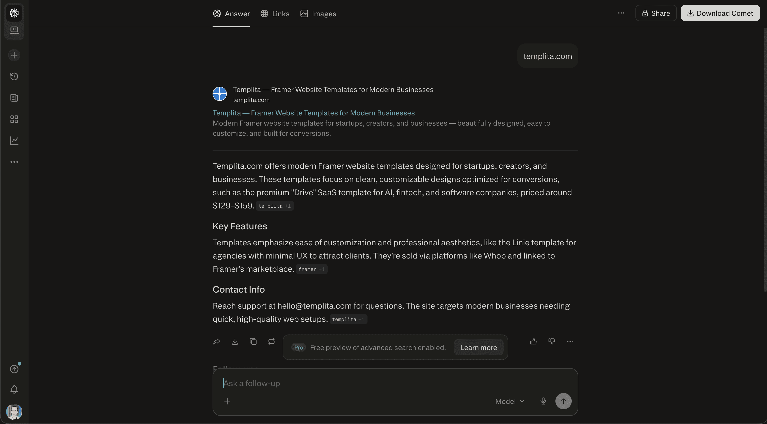 Perplexity AI answer about Framer templates showing cited sources with links — example of how AI search engines reference web content