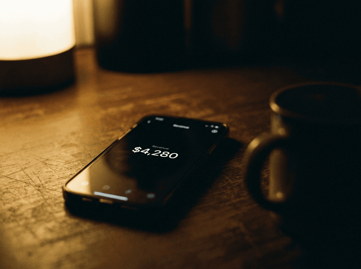 A phone on a kitchen table showing only a revenue number
