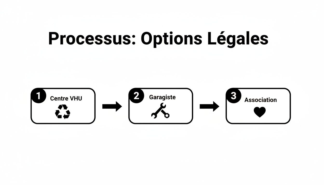 Diagramme des options légales pour un véhicule: Centre VHU, Garagiste (mécanicien), et Association (caritatif).