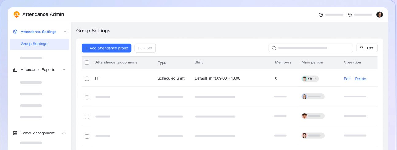 Lark Attendance’s group settings interface with shift management options