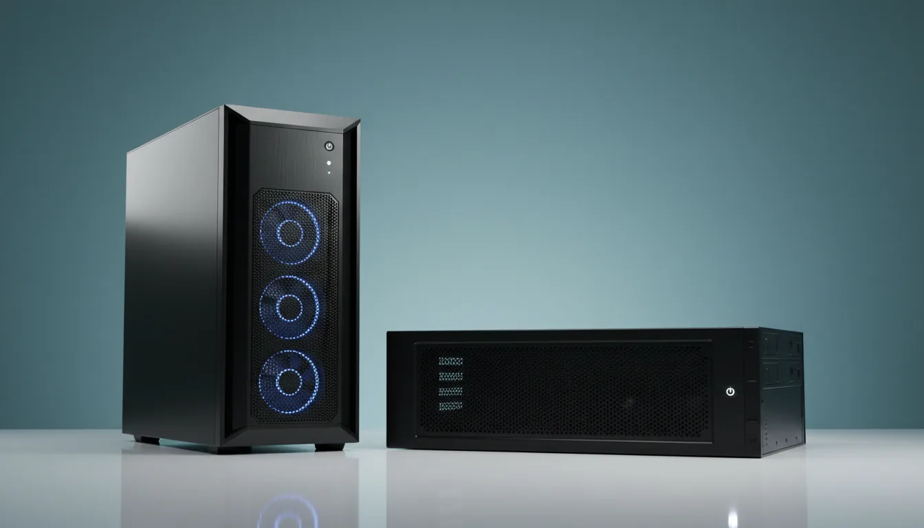DSLR product photograph of two high-performance workstation computers, professionally arranged in a studio setting. On the left is a black vertical mid-tower case, and on the right is a black horizontal rack-mountable case. Both machines feature matte black metal chassis with perforated mesh front panels. The shot is captured with soft studio lighting, creating subtle, soft shadows on the surface beneath them. The background is a clean, seamless, solid muted teal-blue wall. The entire image is in sharp focus, highlighting the industrial design and hardware details.