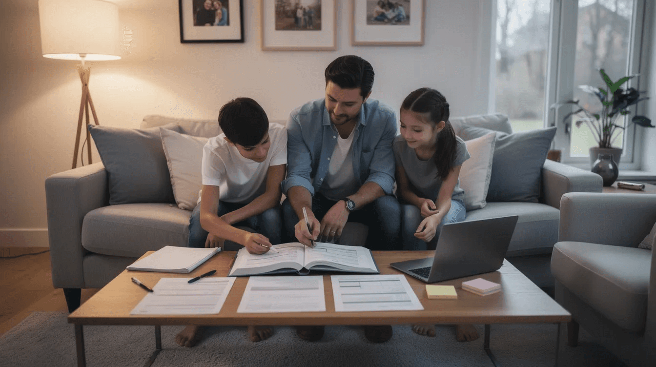A family is gathered in a cozy living room, reviewing various estate planning documents spread out on a coffee table. They appear engaged as they discuss their final wishes and specific instructions for their loved ones, highlighting the importance of creating legally binding documents to provide guidance for future generations.