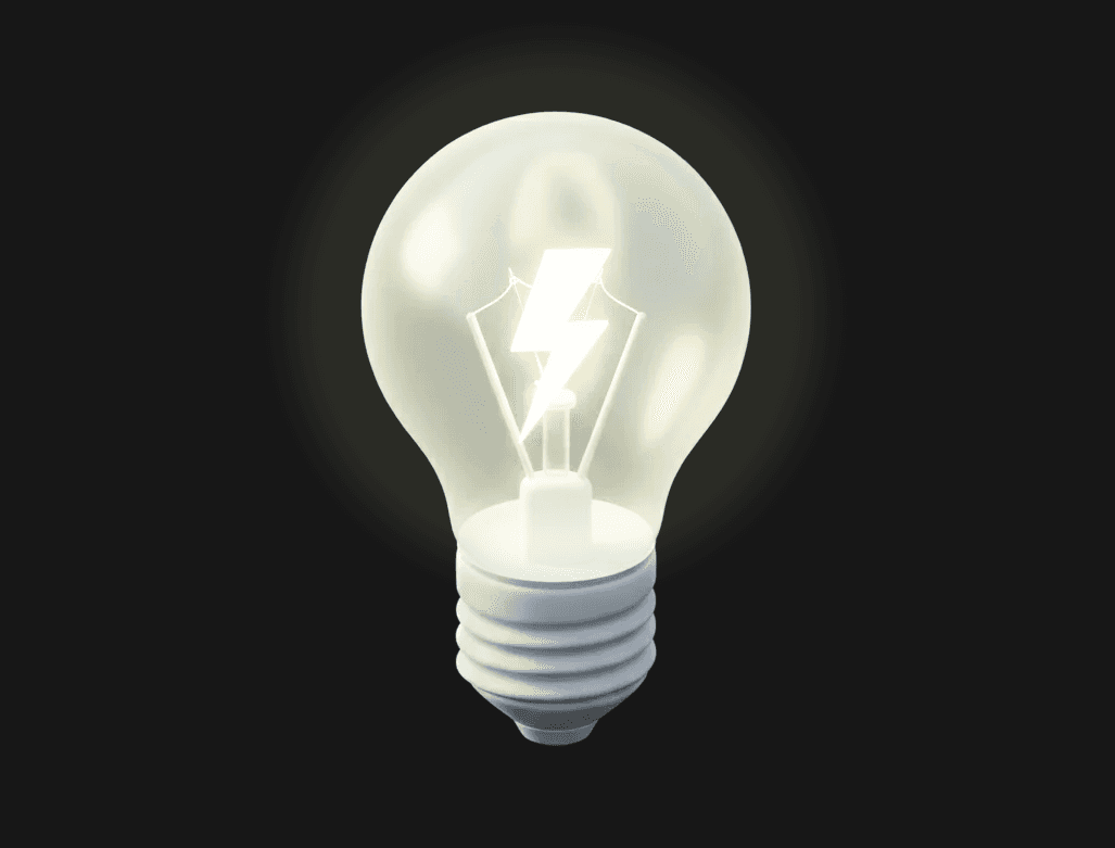 An isometric 3D illustration of a lightbulb with lightning inside