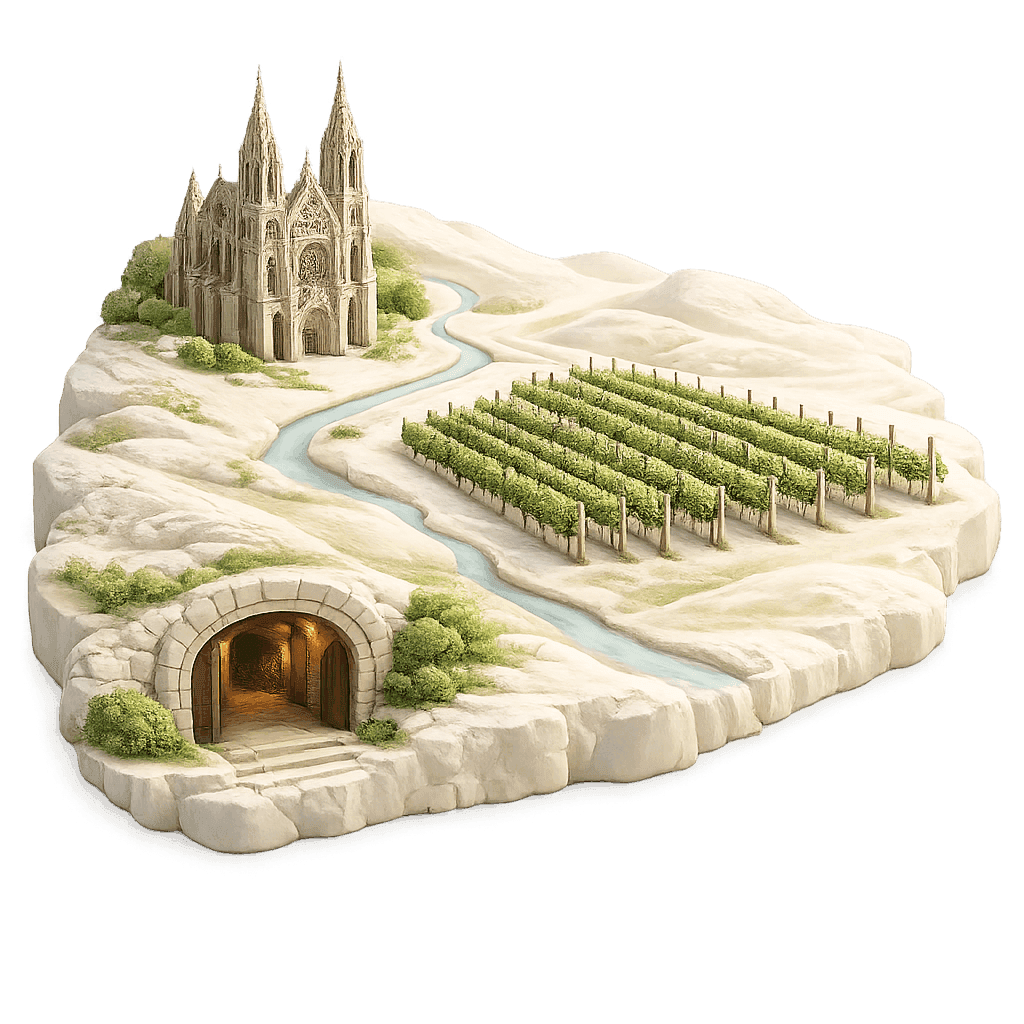 Artistic illustration of the Champagne wine region.