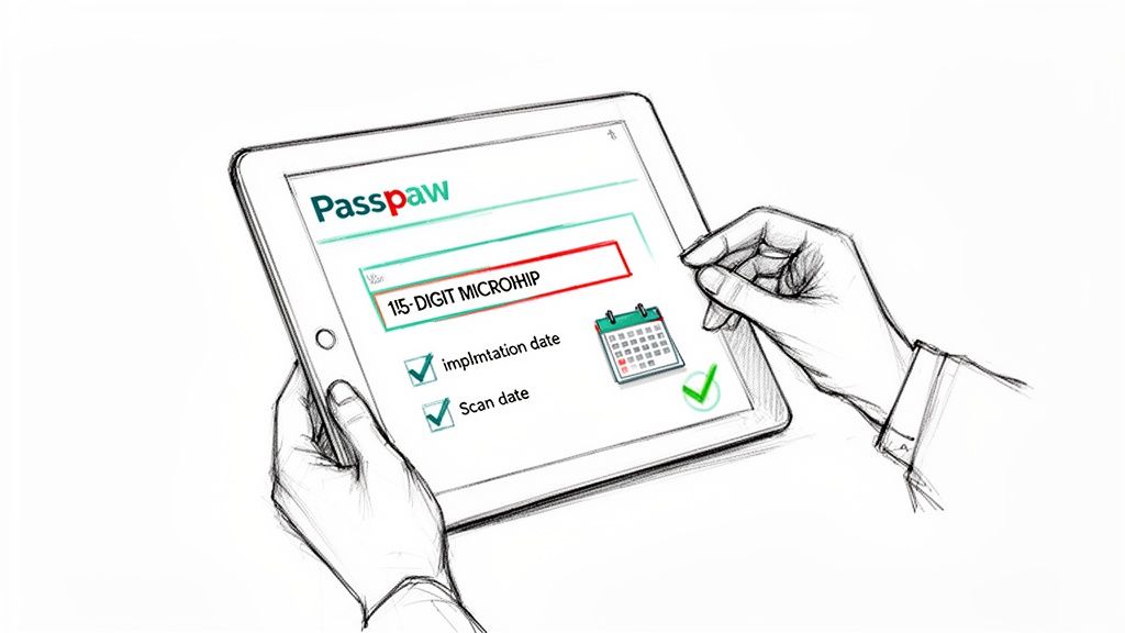 Hands interacting with a tablet displaying Passpaw app for entering 15-digit microchip, implant, and scan dates.