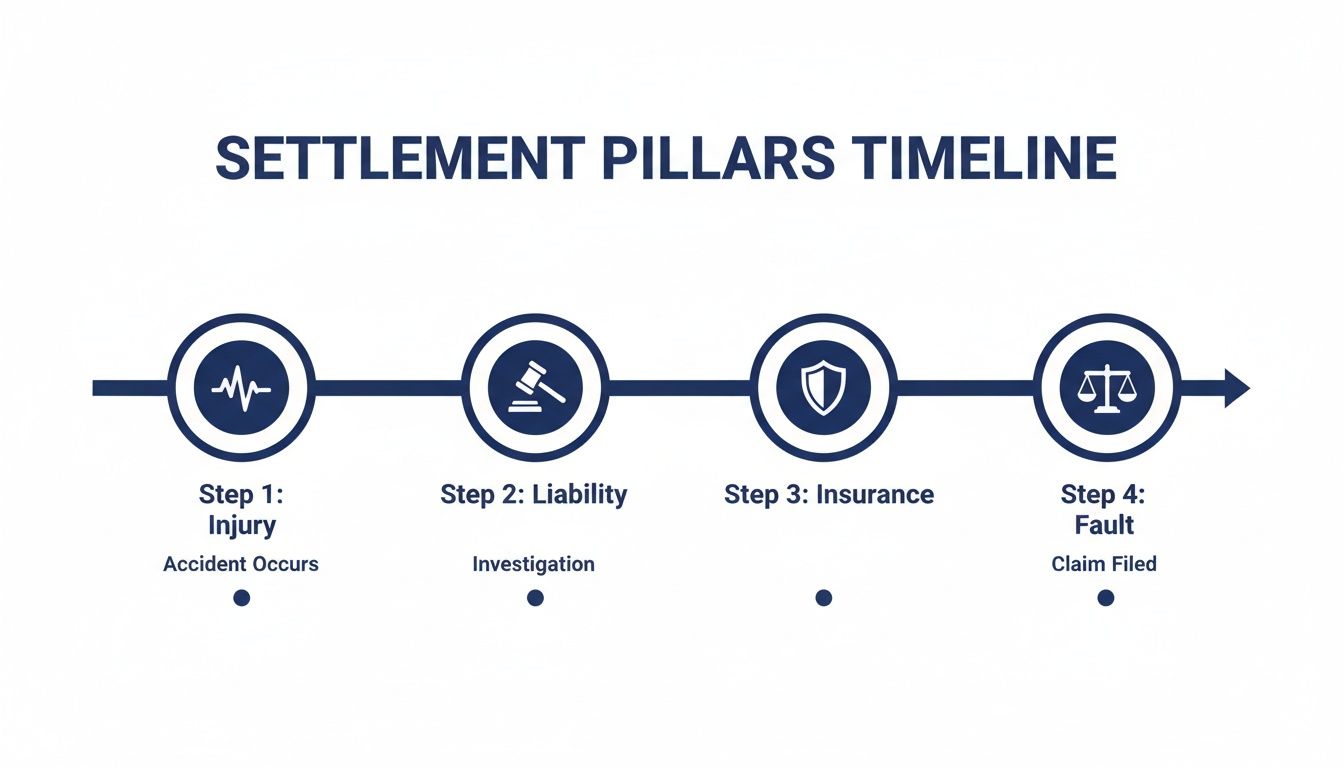 A timeline illustrating the four steps of settlement pillars: Injury, Liability, Insurance, and Fault.