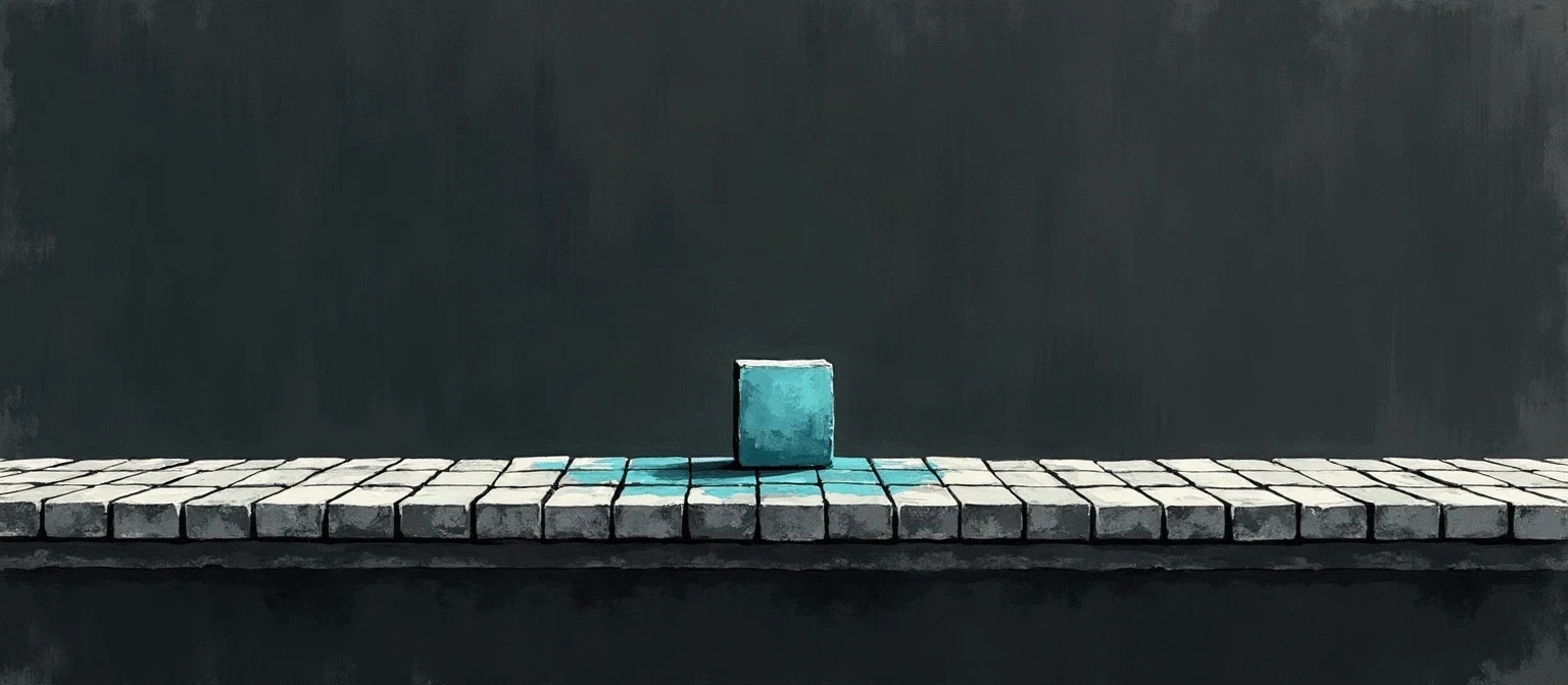 A long row of identical grey tiles with one teal tile lifted out and set apart above the line, representing the few replies that should go to a person instead of being handled automatically.