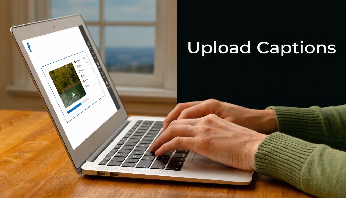 A person typing on a laptop displaying a Facebook video interface for uploading caption files.