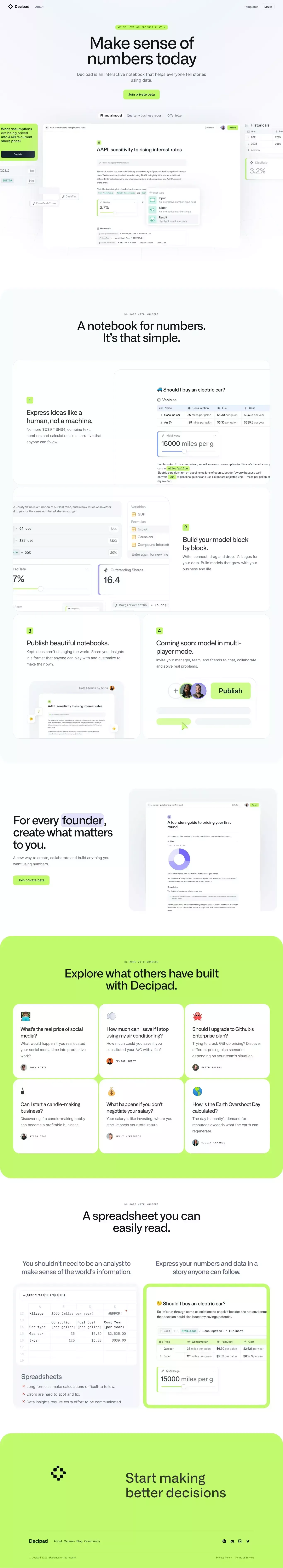 Decipad landing page screenshot showcasing Tech and Finance design