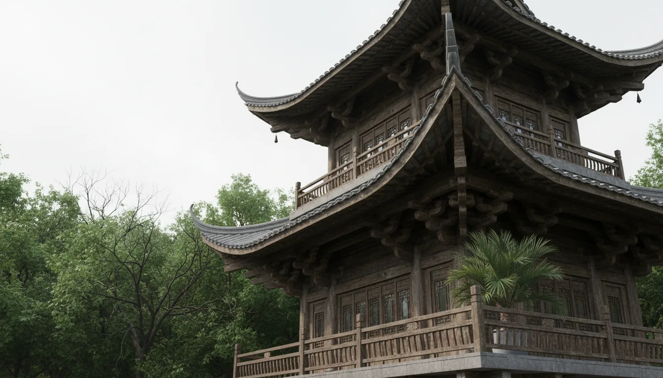 Photorealistic 3D architectural render created in Twinmotion, a low-angle shot of a multi-story traditional Chinese building made of dark, weathered wood. The structure features intricate carved wooden brackets under a curved, grey-tiled roof with decorative eaves. Soft global illumination from a bright, overcast sky. The background shows lush green trees and some bare branches. A small palm plant sits on the wooden balcony in the foreground.